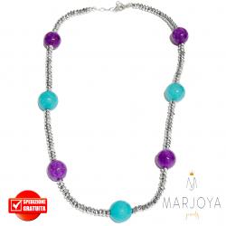 Collana girocollo corto con ematite e quarzo viola e verde tiffany in argento 925