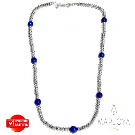 Collana girocollo corto con ematite e quarzo blu in argento 925