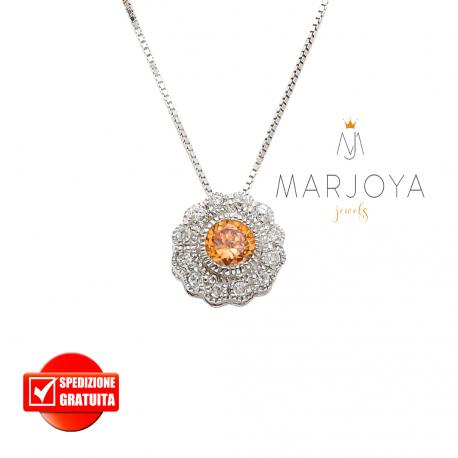 Collana punto luce in argento 925 con pavè di zirconi bianchi e arancio