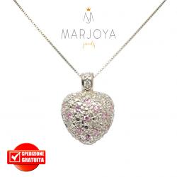 Collana donna con cuore in argento 925,zirconi rosa e borchie