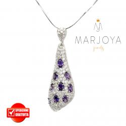 Collana con goccia pendente in argento 925 e zirconi bianchi e viola