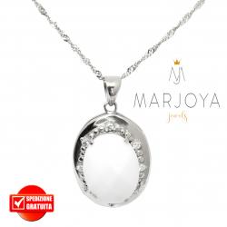 Collana con ovale alla russa pendente in argento 925 con zirconi e quarzo bianco