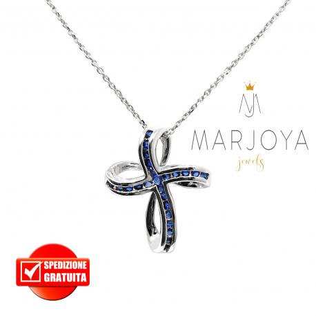 Collana con croce pendente in argento 925 e zirconi blu