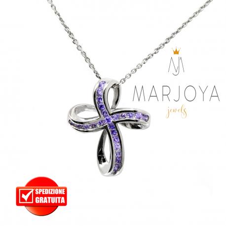 Collana con croce pendente in argento 925 e zirconi viola