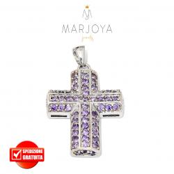 Croce pendente in argento 925 con pavè di zirconi viola