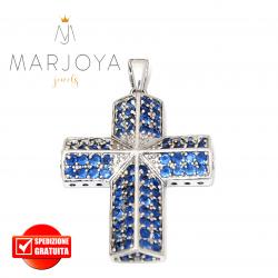 Croce pendente in argento 925 con zirconi blu