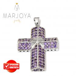 Croce pendente in argento 925 con zirconi viola