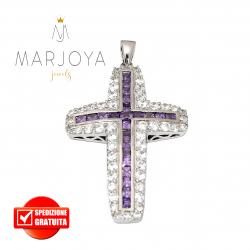 Croce pendente in argento 925 con zirconi bianchi e viola, bicolore