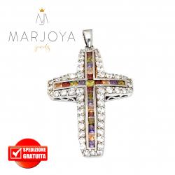 Croce pendente in argento 925 con zirconi multicolor, bicolore