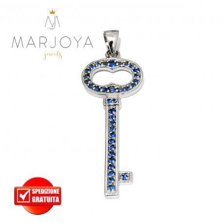 Chiave pendente in argento 925 con zirconi blu