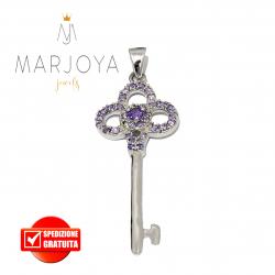 Chiave pendente in argento 925 con zirconi viola