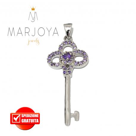 Chiave pendente in argento 925 con zirconi viola
