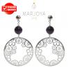 Orecchini pendenti con disco floreale e quarzo viola in argento 925