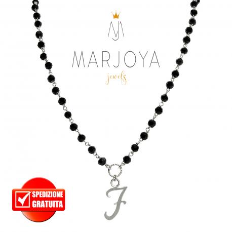 Collana lunga con iniziale "F", swarovski neri e argento 925, stile rosario