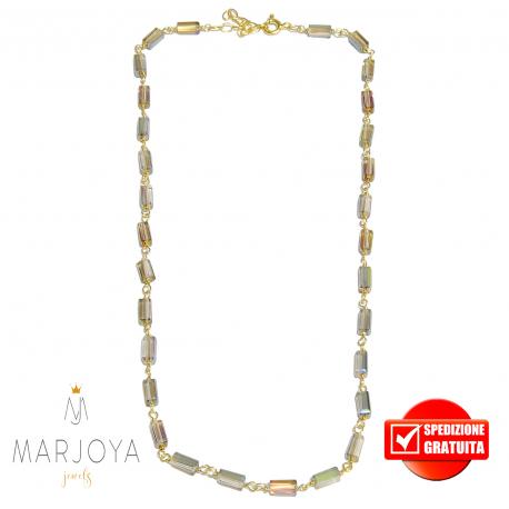 Collana girocollo stile rosario con baguette di swarovski arcobaleno e argento 925 dorato