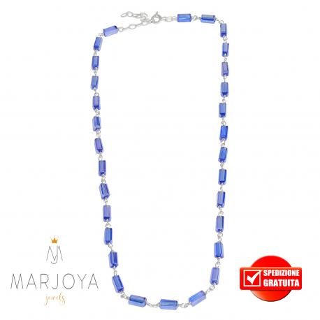 Collana girocollo stile rosario con baguette di swarovski blu e argento 925