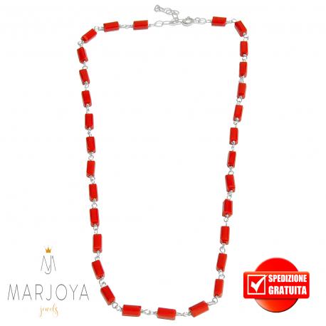 Collana girocollo stile rosario con baguette di swarovski rossi e argento 925