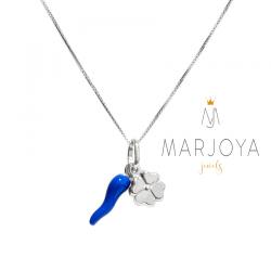 Collana con cornetto smaltato blu e quadrifoglio in argento 925