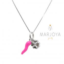 Collana con cornetto smaltato fucsia e quadrifoglio in argento 925