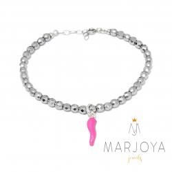 Bracciale con cornetto fucsia in argento 925 ed ematite,regolabile