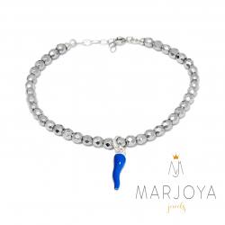 Bracciale con cornetto blu in argento 925 ed ematite,regolabile