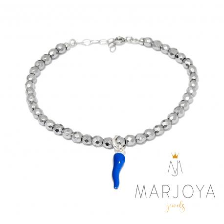 Bracciale con cornetto blu in argento 925 ed ematite,regolabile