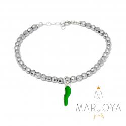 Bracciale con cornetto verde in argento 925 ed ematite,regolabile