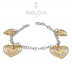 Bracciale con cuori pendenti in argento 925 rodiato e dorato