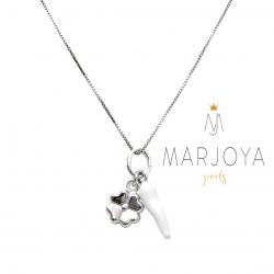 Collana con cornetto smaltato bianco e quadrifoglio in argento 925