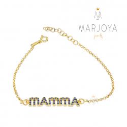 Bracciale scritta MAMMA in argento 925 dorato con zirconi blu, regolabile