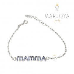 Bracciale scritta MAMMA in argento 925 con zirconi blu, regolabile