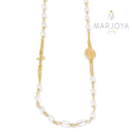 Rosario in argento 925 dorato,collana girocollo con barilotti swarovski bianco trasparente boreale