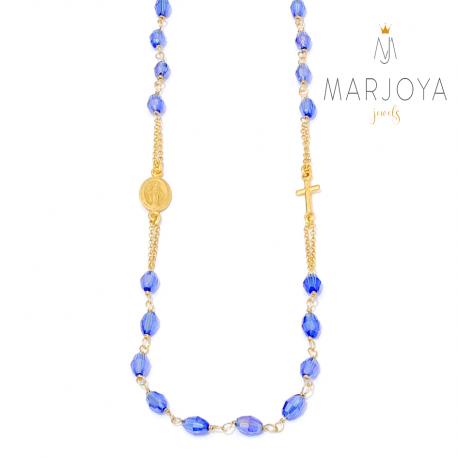Rosario in argento 925 dorato,collana girocollo con barilotti swarovski blu elettrico boreale