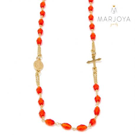 Rosario in argento 925 dorato,collana girocollo con barilotti swarovski rossi