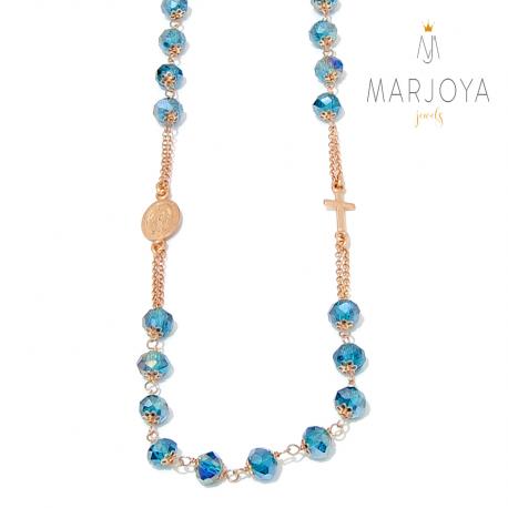 Rosario con swarovski verde petrolio in argento 925 rosè collana girocollo