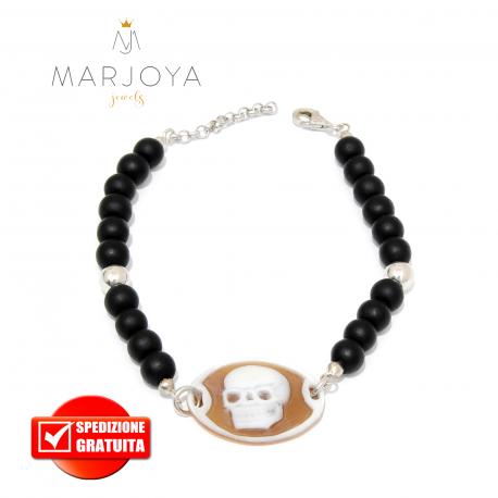 Bracciale con cammeo in argento 925 e lava vulcanica,uomo,donna "teschio"