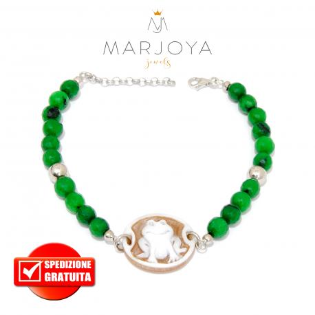 Bracciale con cammeo in argento 925 e quarzo verde,uomo,donna "ranocchio"