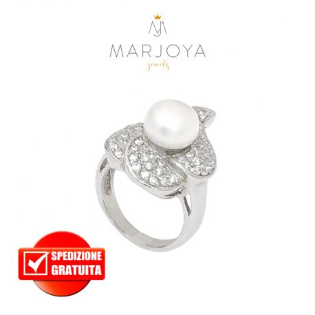 anello nuvola con perla in argento 925 rodiato con zirconi bianchi