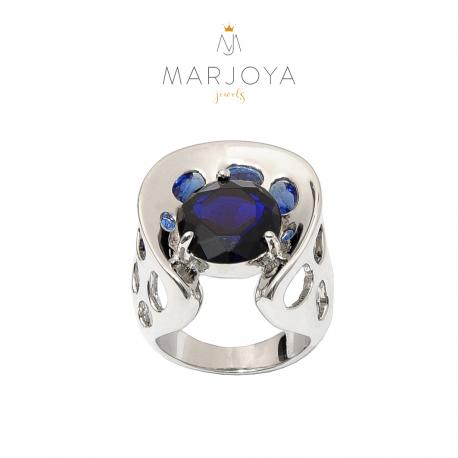 Anello chevalier in argento 925 con zirconi blu