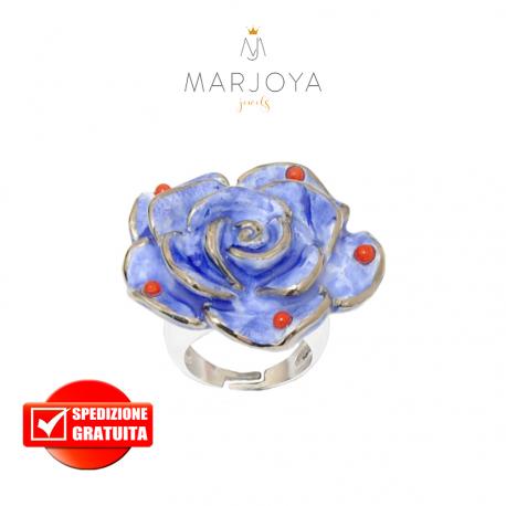 Anello con fiore in ceramica blu e corallo in argento 925