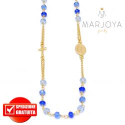 Rosario in argento 925 dorato collana girocollo multicolor con swarovski azzurri e blu