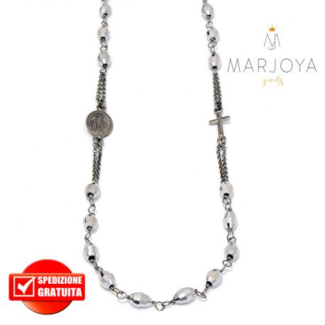 Rosario in argento 925 brunito,collana girocollo con barilotti swarovski grigio argento