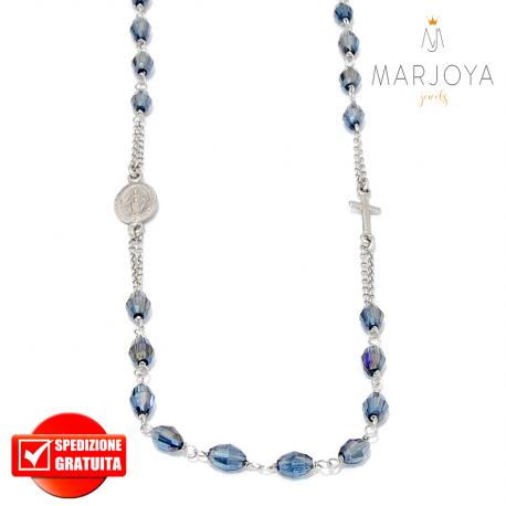 Rosario in argento 925,collana girocollo con barilotti swarovski grigio bluastro