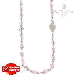 Rosario in argento 925,collana girocollo con barilotti swarovski rosa pesca boreale