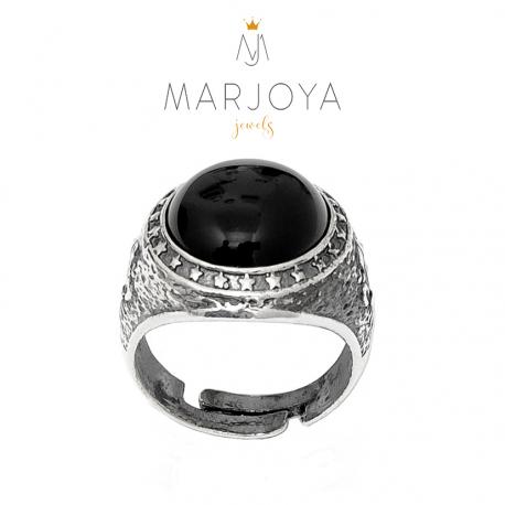 Anello sigillo uomo in argento 925 brunito con onice