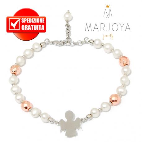 Bracciale con angelo,perle naturali ed ematite rosè in argento 925 rodiato