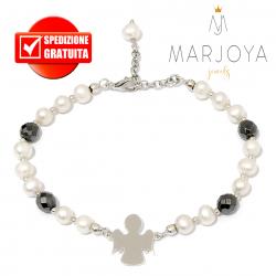 Bracciale con angelo,perle naturali ed ematite nera in argento 925 rodiato