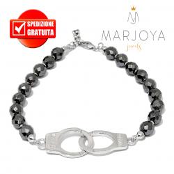 Bracciale manette con ematite e argento 925 rodiato