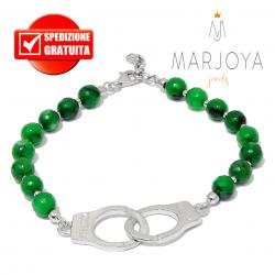 Bracciale manette con quarzo verde e argento 925 rodiato