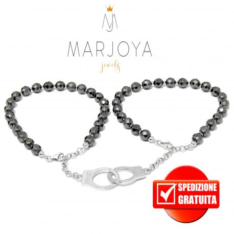 Bracciali Coppia manetta con ematite e argento 925 rodiato,fidanzamento,amicizia